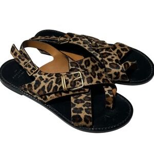 Sezane Les Souliers Leopard Calf Hair Sandals Animal Print Buckle EU 38 US 7